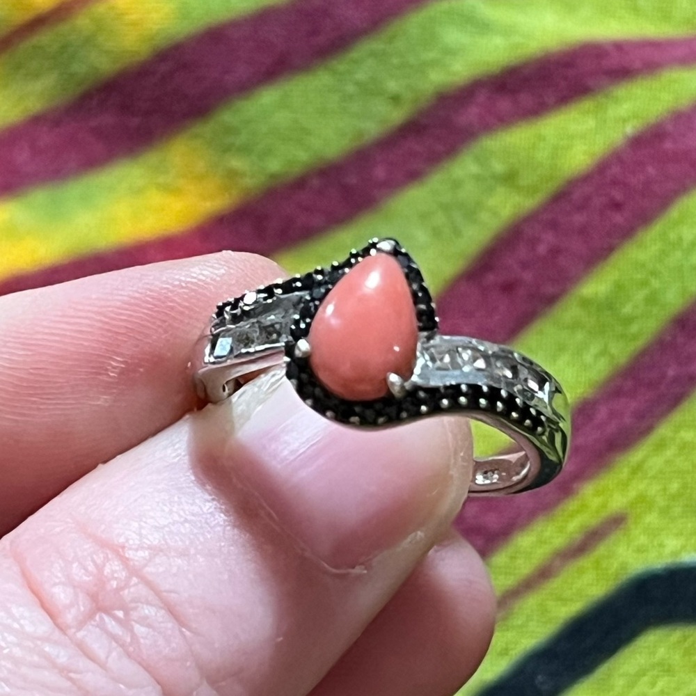Chuck Clemency STS Pink Coral Black Spinel White Topaz 925 Sterling Silver Ring
